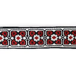 Floral Jacquard Ribbon / Dark Blue with Red and White / Width: 32 mm - 1 meter