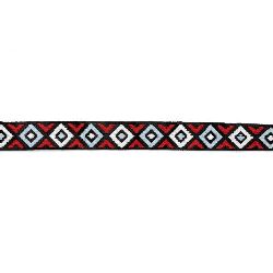Fabric Ribbon with Ethnic Ornaments / Width: 13 mm / Dark Blue with White, Red and Light Blue - 5 meters