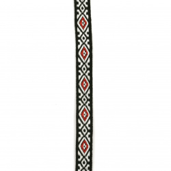 Not Available Online. You can also buy at EM ART stores and at +359 884 000 893 Fabric Ribbon with Ethnic Ornaments / Width: 10 mm / Black with White and Red - 5 meters