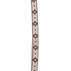 Not Available Online. You can also buy at EM ART stores and at +359 884 000 893 Fabric Ribbon with Ethnic Ornaments / Width: 12 mm / Gray with Pink and Burgundy - 5 meters