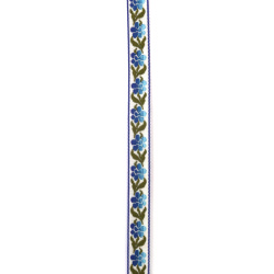 Banda latime 10 mm alb cu floare albastra si verde - 5 metri