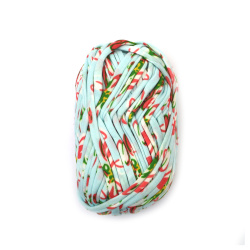 Fir panglică tricotată 100% poliester culoare albastru deschis cu imprimeu floral - 100 grame