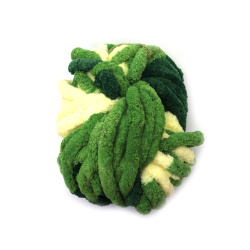 Chenille Yarn – 100% Polyester, 20 mm Thick, Melange in Green & Yellow, ~240 g / 25 m of Vibrant Texture for Creative Knitting Projects