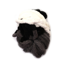 Soft Chenille Yarn – 100% Polyester, 20 mm Thick, Melange in White, Black & Gray, ~240 g / 25 m of Elegant Texture for Stylish Handmade Projects