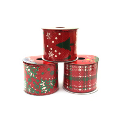 Wired Edge Fabric Ribbon / 60 mm / Red with Colorful Christmas Print - 2.7 meters