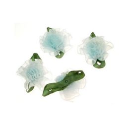 Rose 30 mm organza with leaf blue light -10 pieces