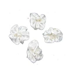Delicate white satin rose 23 mm with white pearl for various decoration -10 pieces