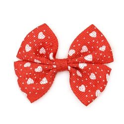 Fundițe din panglică grosgrain roșie cu inimioare albe, 43x56x8 mm - 5 buc., decorațiuni DIY pentru împachetarea cadourilor, accesorii de păr, scrapbooking, cardmaking