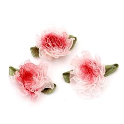 Рози за декорация от органза с листо цвят червен и бял 30 мм -10 броя