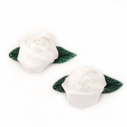 Satin Rose with Fabric Leaf, White 25mm 10pcs