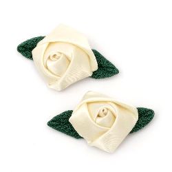Satin Rose with Fabric Leaf, Cream 25mm 10pcs