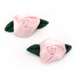 Τριαντάφυλλα σατέν 25 mm με φύλλα, ροζ -10 τεμάχια