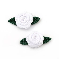 Trandafir 20 mm cu o frunze de alb textil -10 bucăți