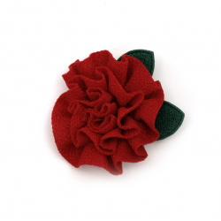 Fabric Red Flowers with a Leaf for Decoration / 53 mm - 5 pieces