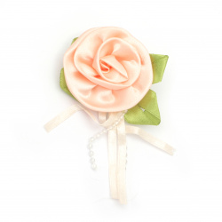 Rose satin 50 mm with leaf color peach - 5 pieces