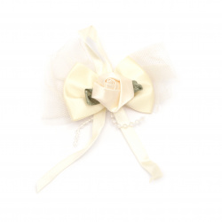 Rose with satin ribbon and tulle 80 mm cream color - 5 pieces