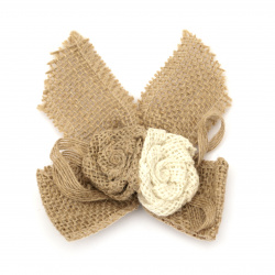 Burlap Ribbon Bow with two roses for gift decoration, DIY home decor projects 110x110 mm 