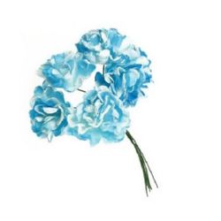 Bouquet paper Carnation flower with wire stems 30x90 mm white with blue brocade - 6 pieces