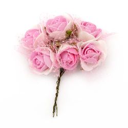 Buchet trandafir 25x85 mm organza cauciucat și brocart roz alb -6 bucăți