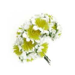 Flori  buchet hartie și sârmă alb de 35 mm cu galben -12 bucăți