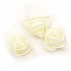 Artificial Foam Roses with Organza for Wedding, Hair Accessories, Craft Projects / Champagne / 35 mm - 10 pieces