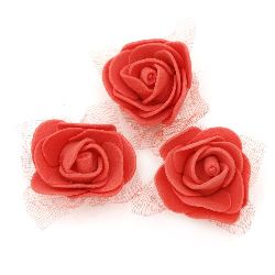 Floare trandafir 35 mm cauciuc organza roșu -10 bucăți