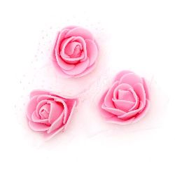 Τριαντάφυλλα, κεφάλια από αφρώδες υλικό και οργάντζα, ροζ 35 mm - 10 τεμάχια
