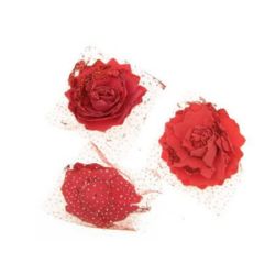 Гумирана роза с органза и брокат цвят червен 65 мм 
