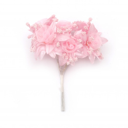 Buchet de flori textil și organza 45x100 mm culoare roz -6 bucăți