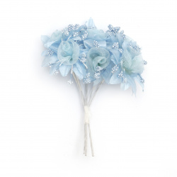 Textile and organza bouquet flowers with stamens for various decoration 45x100 mm color blue - 6 pieces