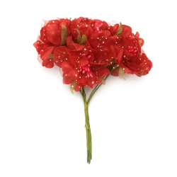 Artificial flower bouquet from textile and organza with stamens for festive table decoration, greeting cards, albums 50x120 mm color red - 6 pieces