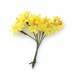 Vivid textile bouquet  flowers with stamens for for embellishment of tiaras, hairpins 35x110 mm color yellow - 6 pieces