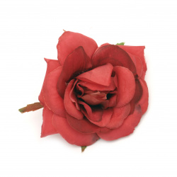 Цвят роза от текстил 70 мм с пънче за монтаж червена -2 броя