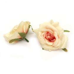 Цвят роза от текстил 70 мм с пънче за монтаж праскова с розово -2 броя