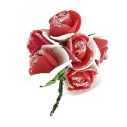 Buchet trandafir cauciuc și sârmă 20x80 mm roșu brocart cu alb -6 bucăți