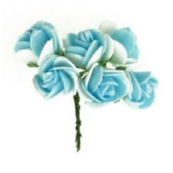 Buchet de trandafir cauciuc și sârmă 20x80 mm albastru brocart cu alb -6 bucăți