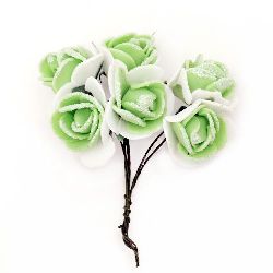 Букет от гумирани рози с тел и брокат цвят бял и зелен 20x80 мм -6 броя