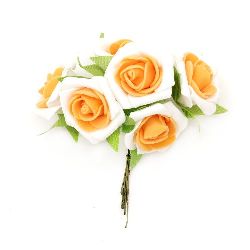 Buchet trandafir cauciuc 35x110 mm frunze alb portocaliu -6 bucăți