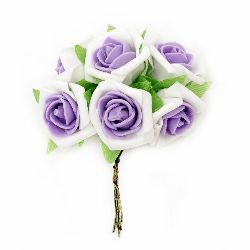 Bouquet of Foam Roses for Greeting Cards, Wreaths, Hair Accessories / White and Purple / 35x110 mm - 6 pieces