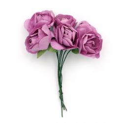 Bouquet of paper Roses with wire stems for decoration 35 mm color purple - 6 pieces