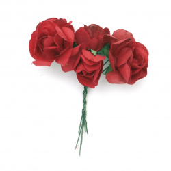 Bouquet of paper Roses with wire stems for decoration 35 mm color dark red - 6 pieces
