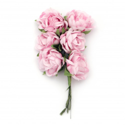 Букет от текстилни къдрави рози цвят розов 100x35 мм -6 броя