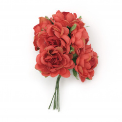 Букет от текстилни къдрави рози цвят червен 100x35 мм -6 броя