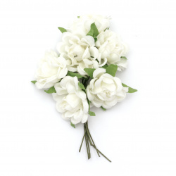 Τριαντάφυλλα λευκά 130x35 mm με φύλλα από ύφασμα -6 τεμάχια ανά ματσάκι