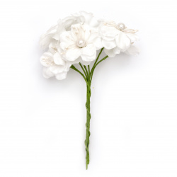 Букет цветя от текстил с перла цвят бял 40x140 мм -6 броя