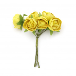 Vivid rose bouquet from textile for embellishment of notebooks, frames, albums 20x100 mm color yellow - 6 pieces