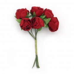 Textile bouquet roses for festive table decoration, embellishment of albums, boxes 20x100 mm color red - 6 pieces