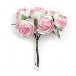 Букет рози от текстил цвят розов и бял 30x100 мм -6 броя