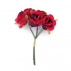 Buchet trandafir textil și organza 30x100 mm culoare roșu -6 bucăți