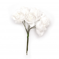 Букет къдрави рози от текстил и дантела цвят бял 35x110 мм -6 броя